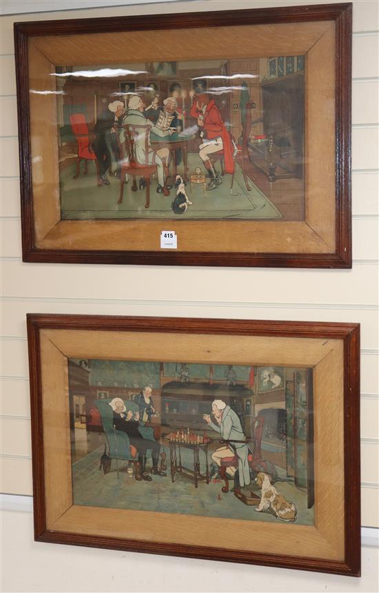 After Cecil Aldin, pair of chromolithographs, Interiors with gentleman playing chess and cards, 37 x 60cm